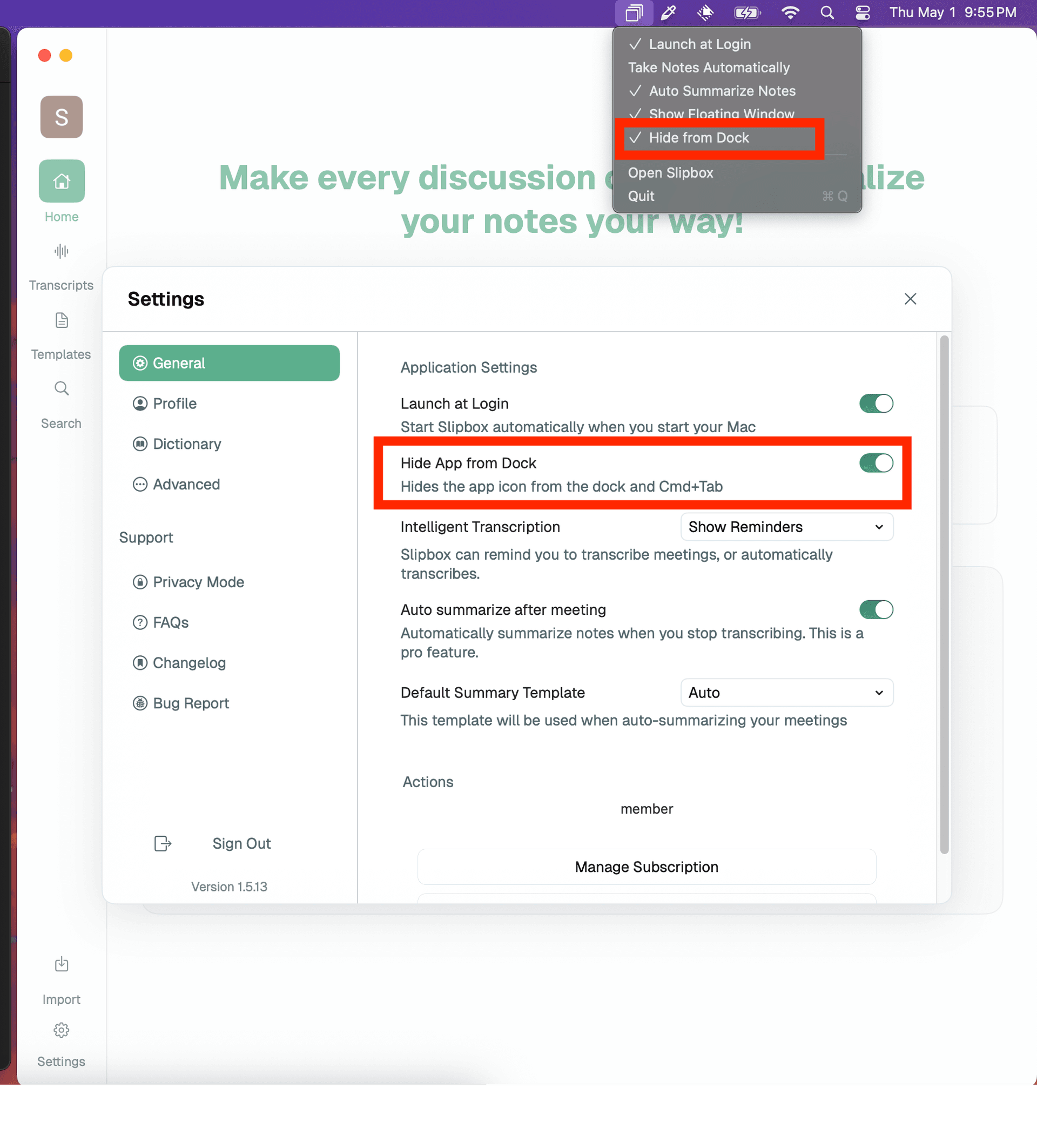 Hide from Dock feature
