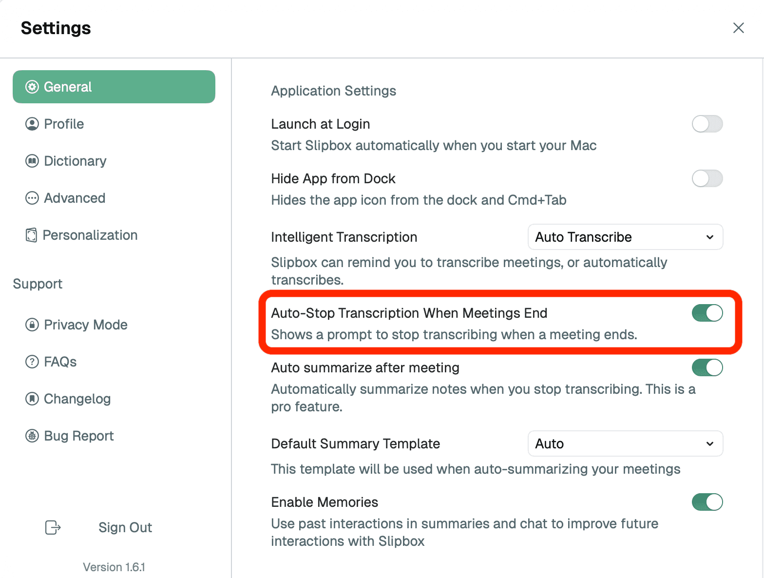 Toggle for automatically stopping transcription when leaving a meeting